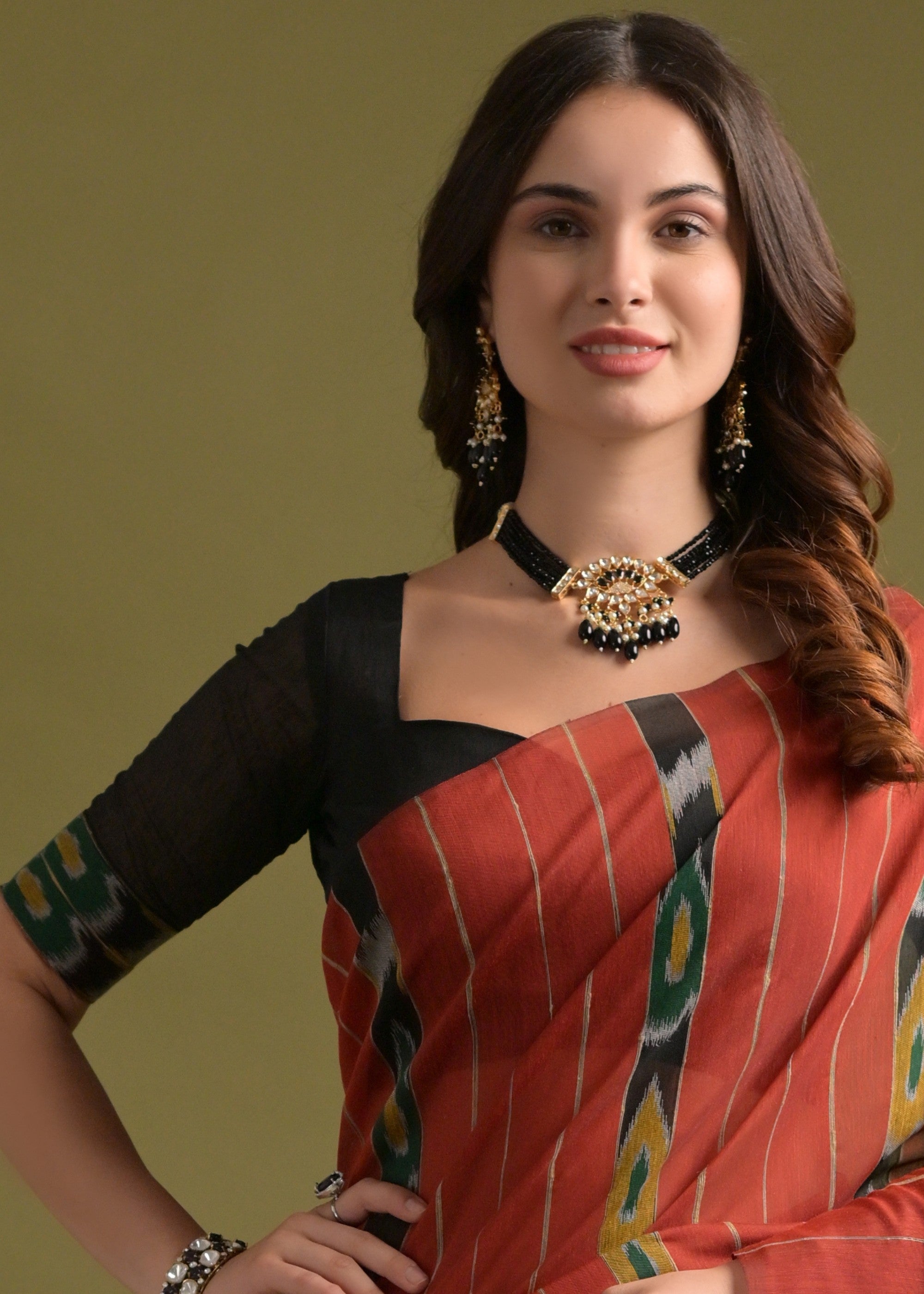 Vermilion Red Soft Ikkat Cotton Printed Saree - qivii