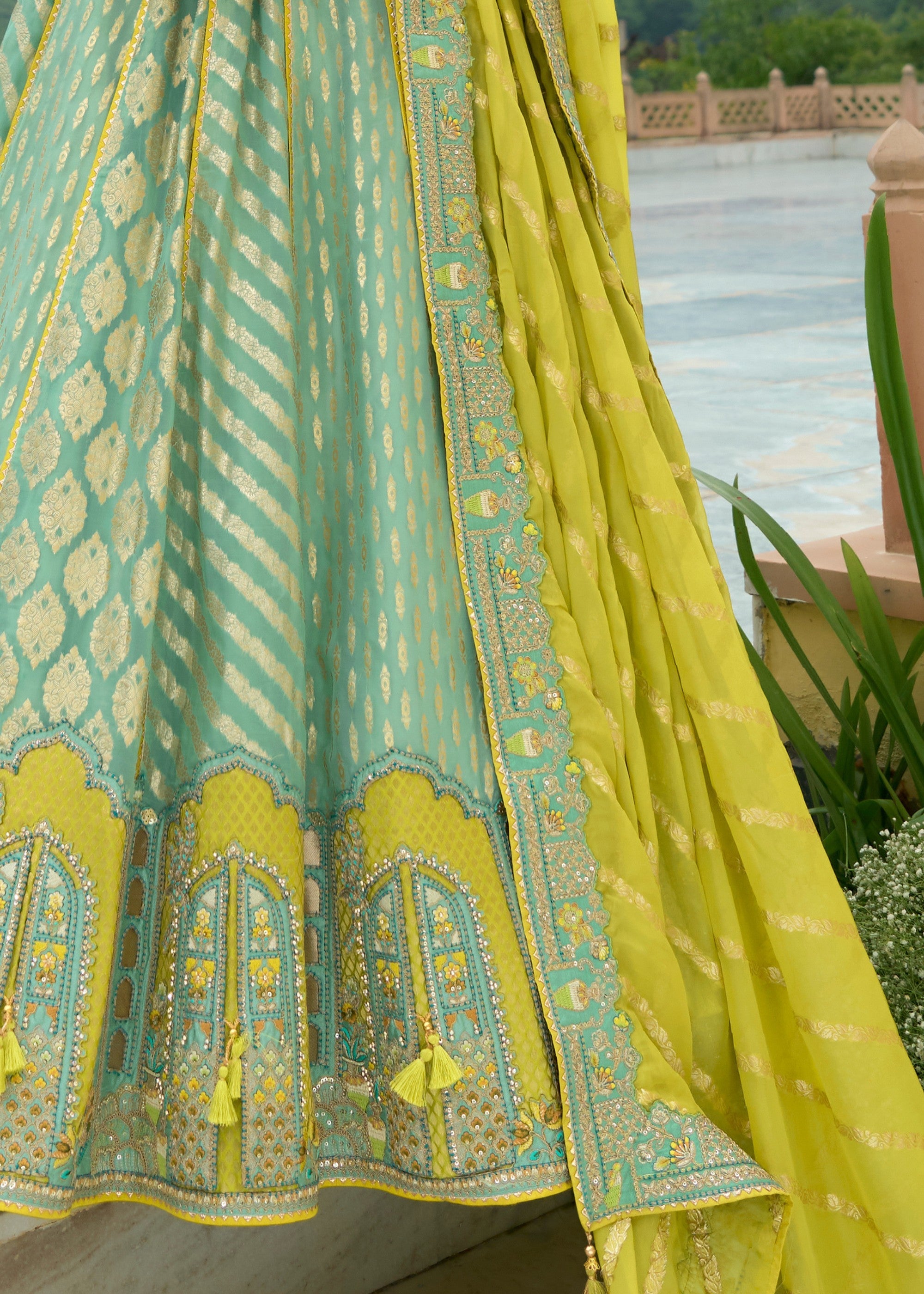Mint Green Banarasi Silk Lehenga With Heavy Embroidery Work | Ready To Wear - qivii
