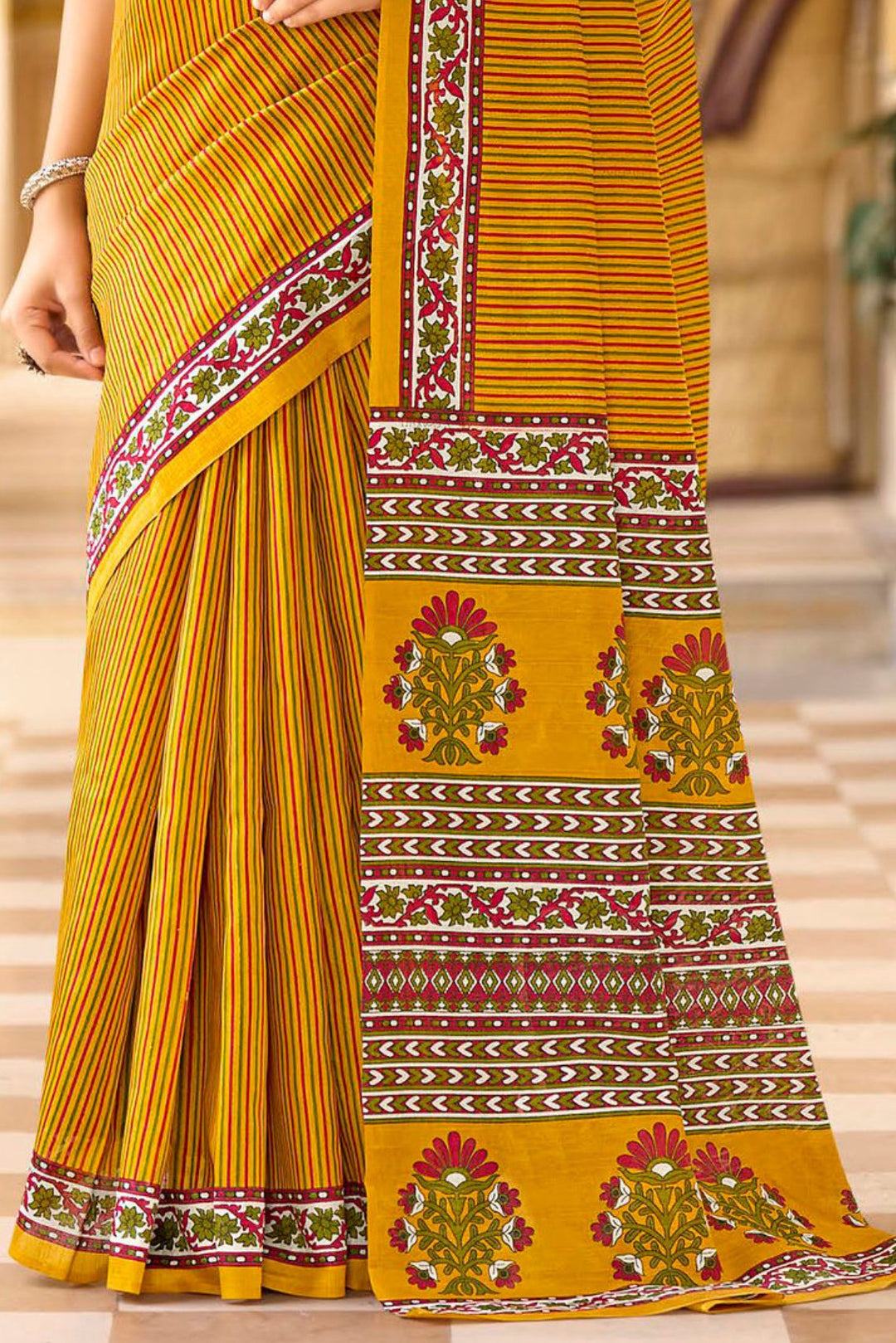 Neon Carrot Yellow Handblock Printed Saree