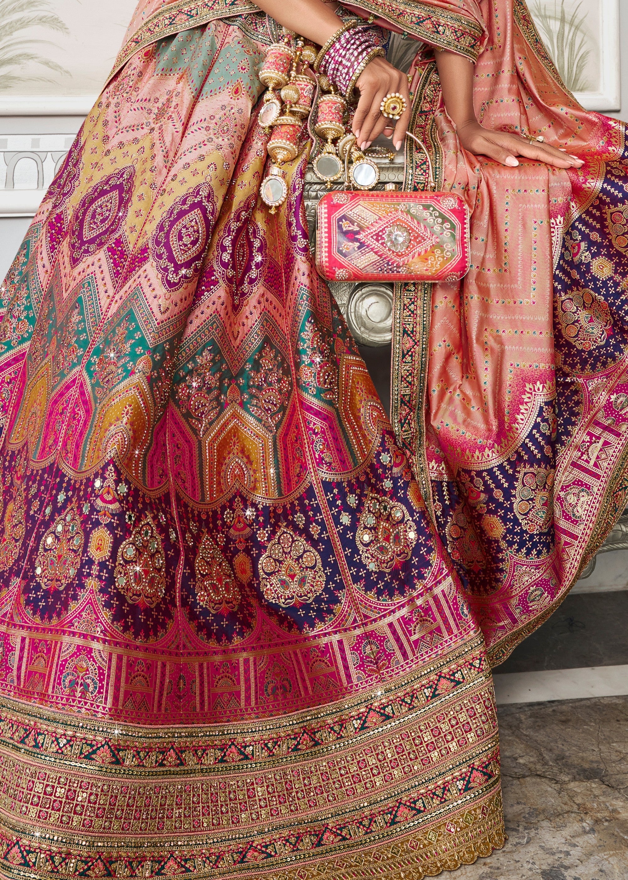 Green & Pink Banarasi Silk Lehenga with Zarkan Codding work | Ready To Wear - qivii