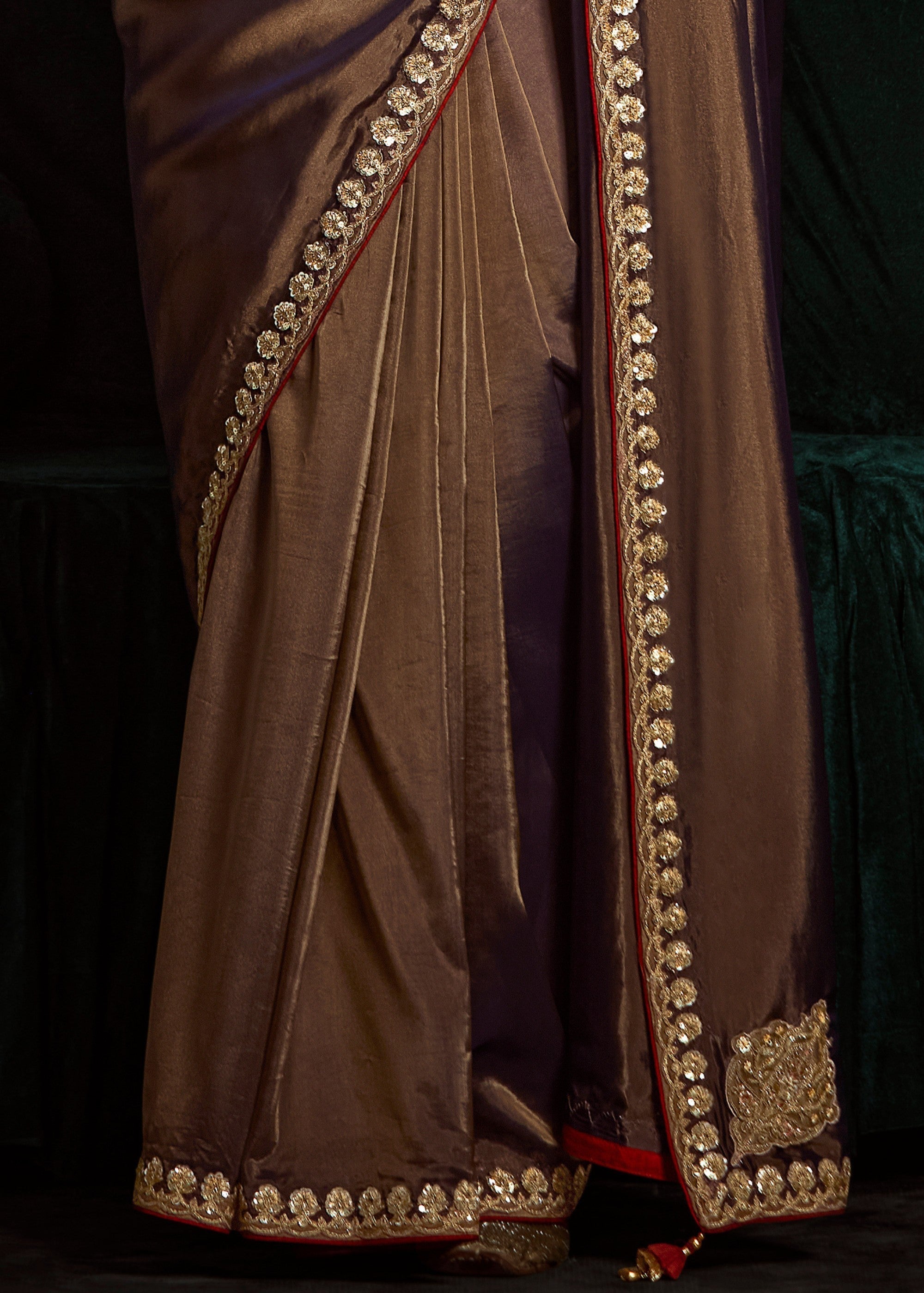 Mocha Brown Fancy Fabric Silk Saree With Sequins And Thread Embroidered Butti Work - qivii