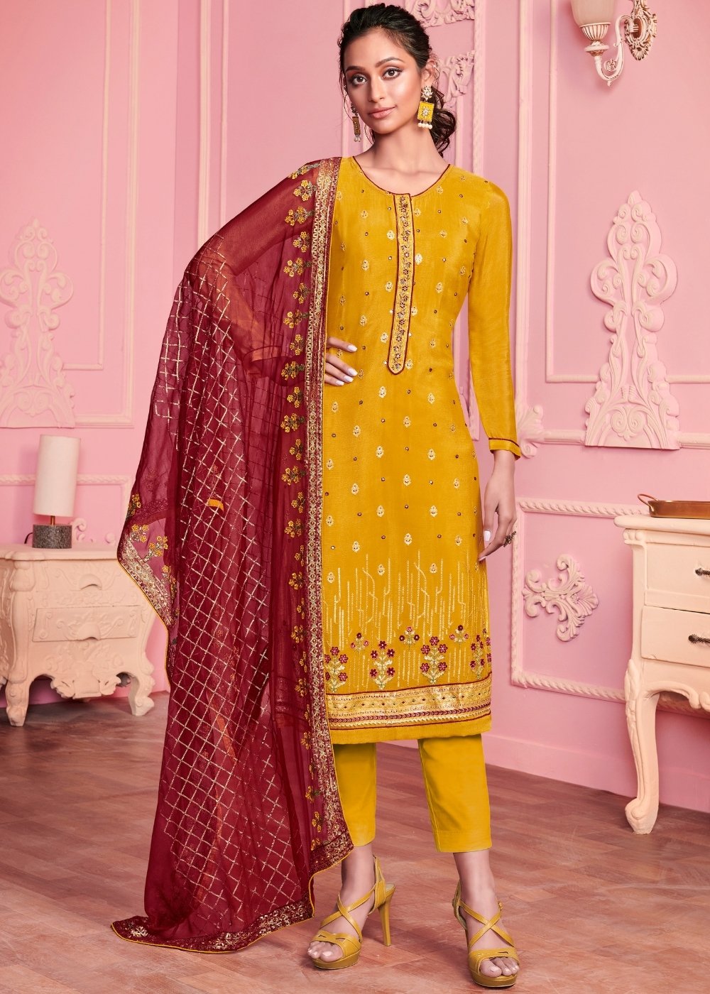 Mustard Yellow Georgette Salwar Suit with Thread & Zari Embroidery work - qivii