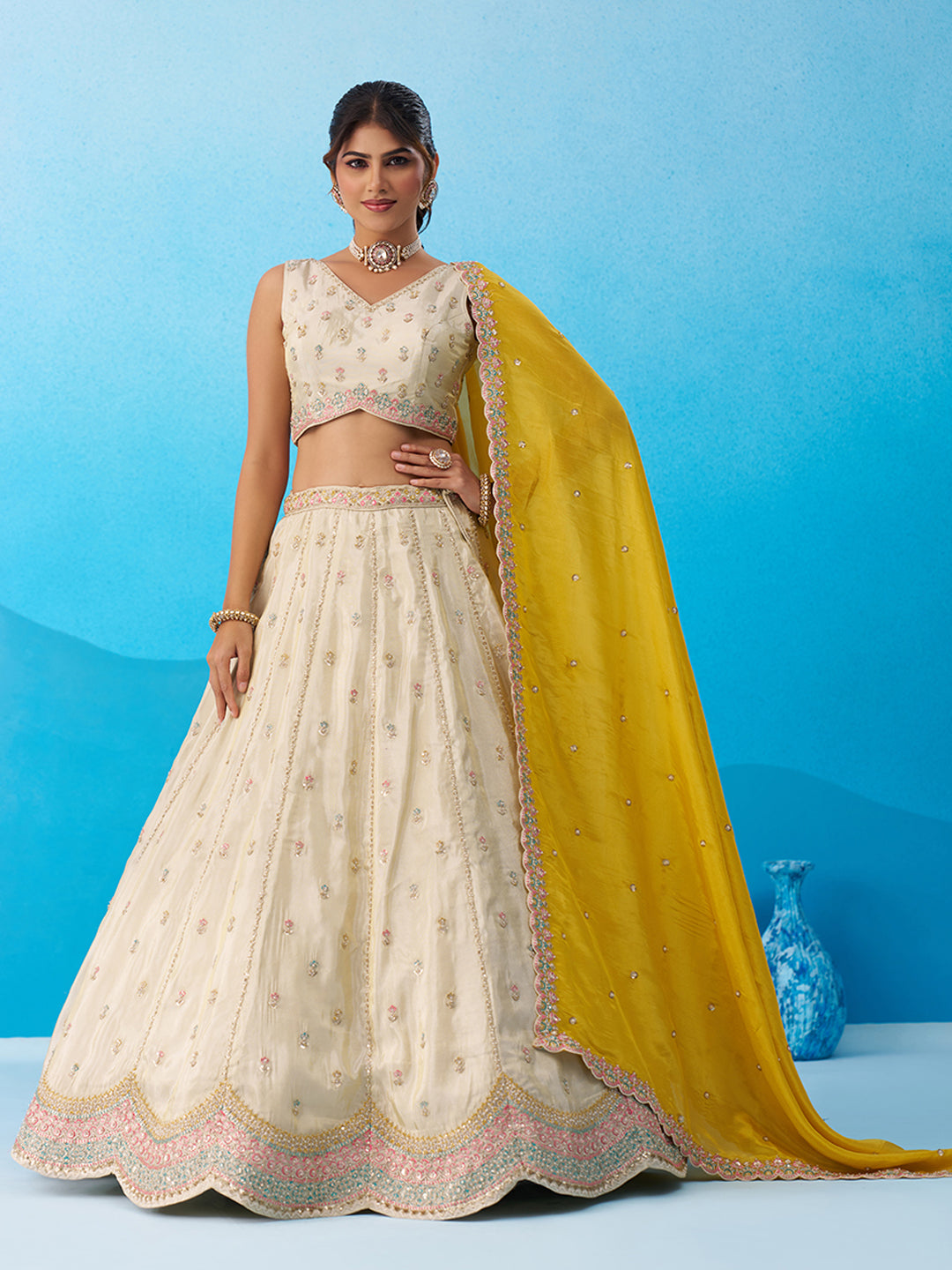 Mustard Tissue Sequins Embroidered Lehenga Set