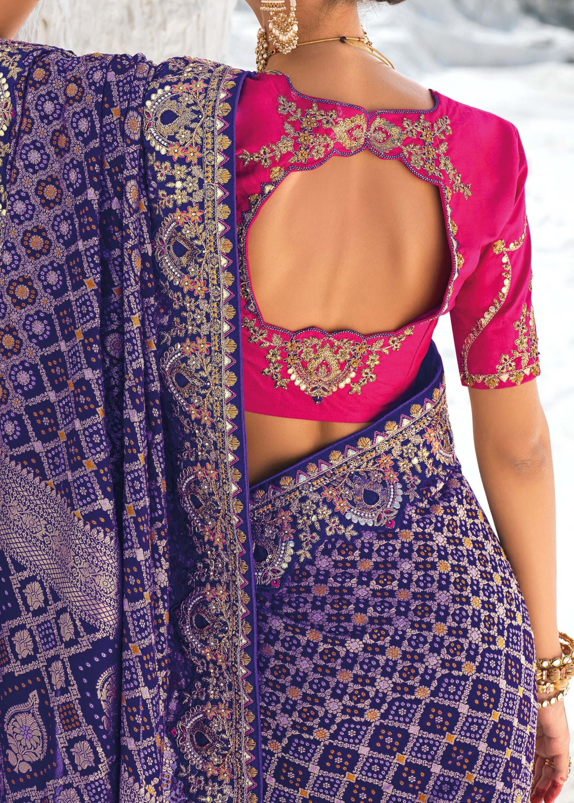 Berry Blue Pure Georgette Bandhani Patola With Zari Weaving Heavy Work Saree - qivii