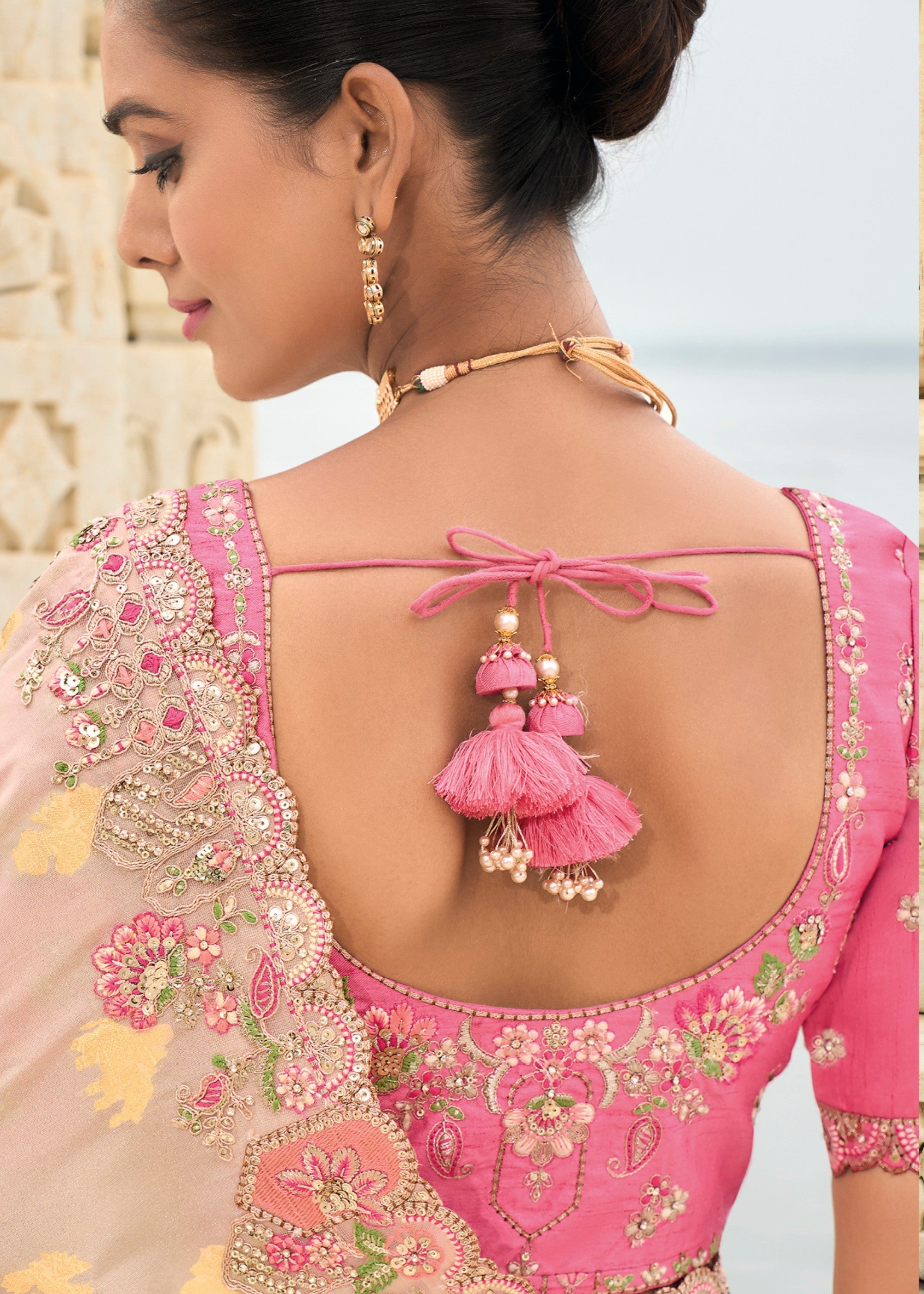 Off White Viscose Tissue Silk Saree With Embroidery Cut Work Border And Sequence Work - qivii