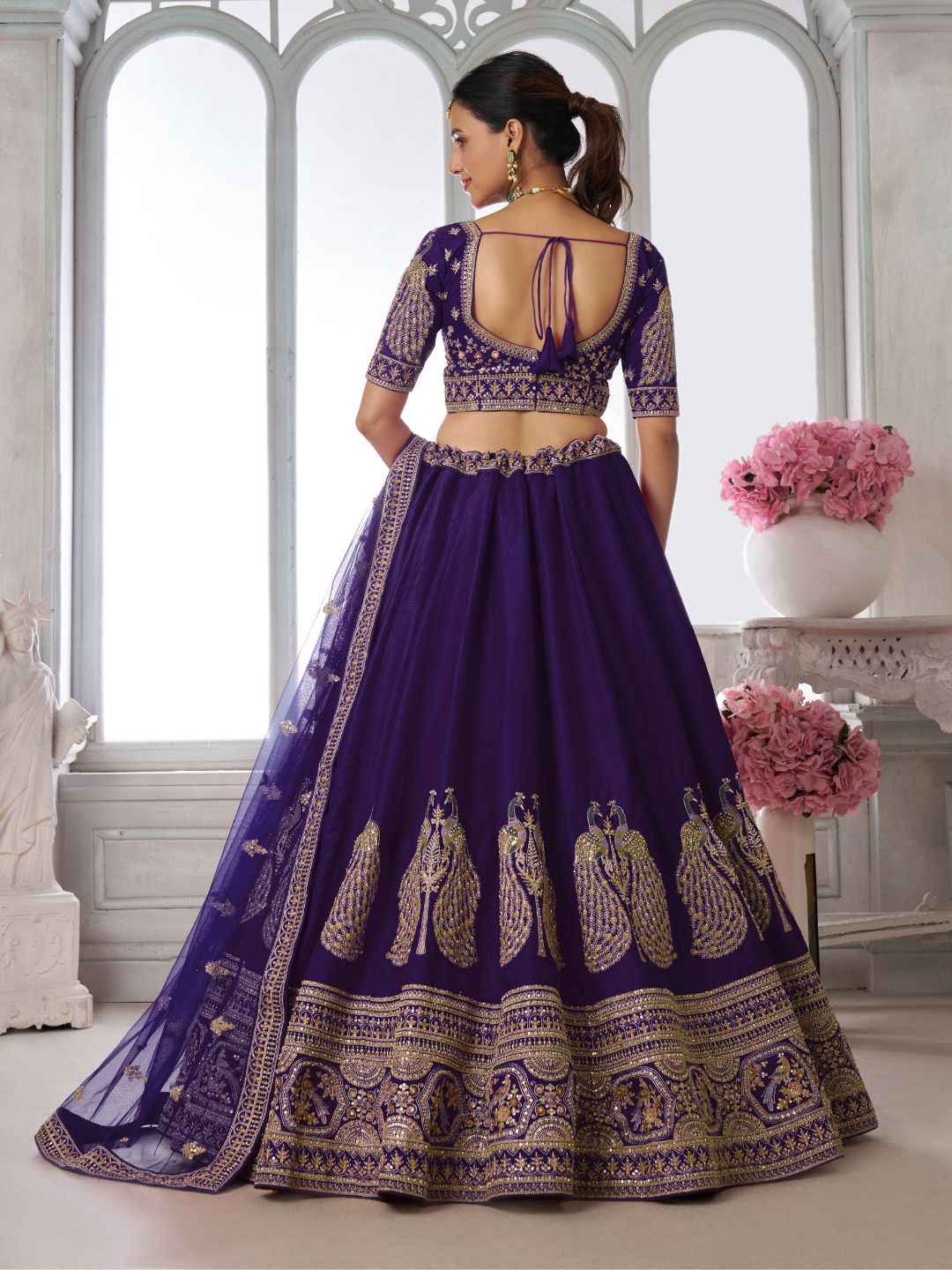 Designer Purple Silk Lehenga Choli with Embroidered Peacock Motifs