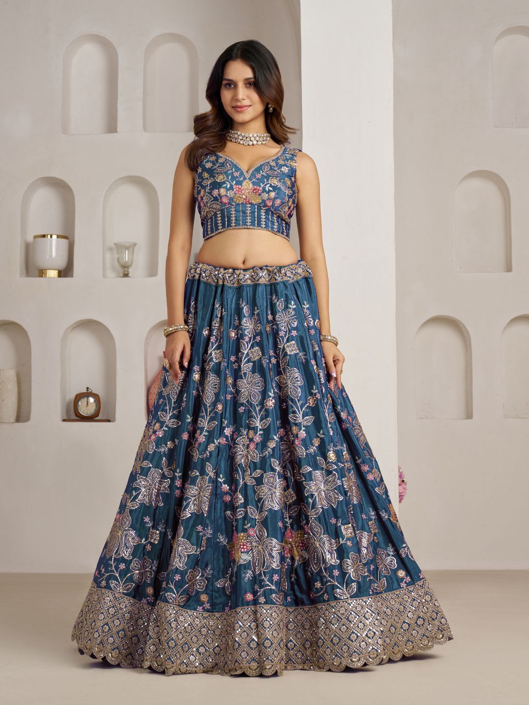 Stunning Sky blue Color Lehenga Choli with Golden Floral Detailing