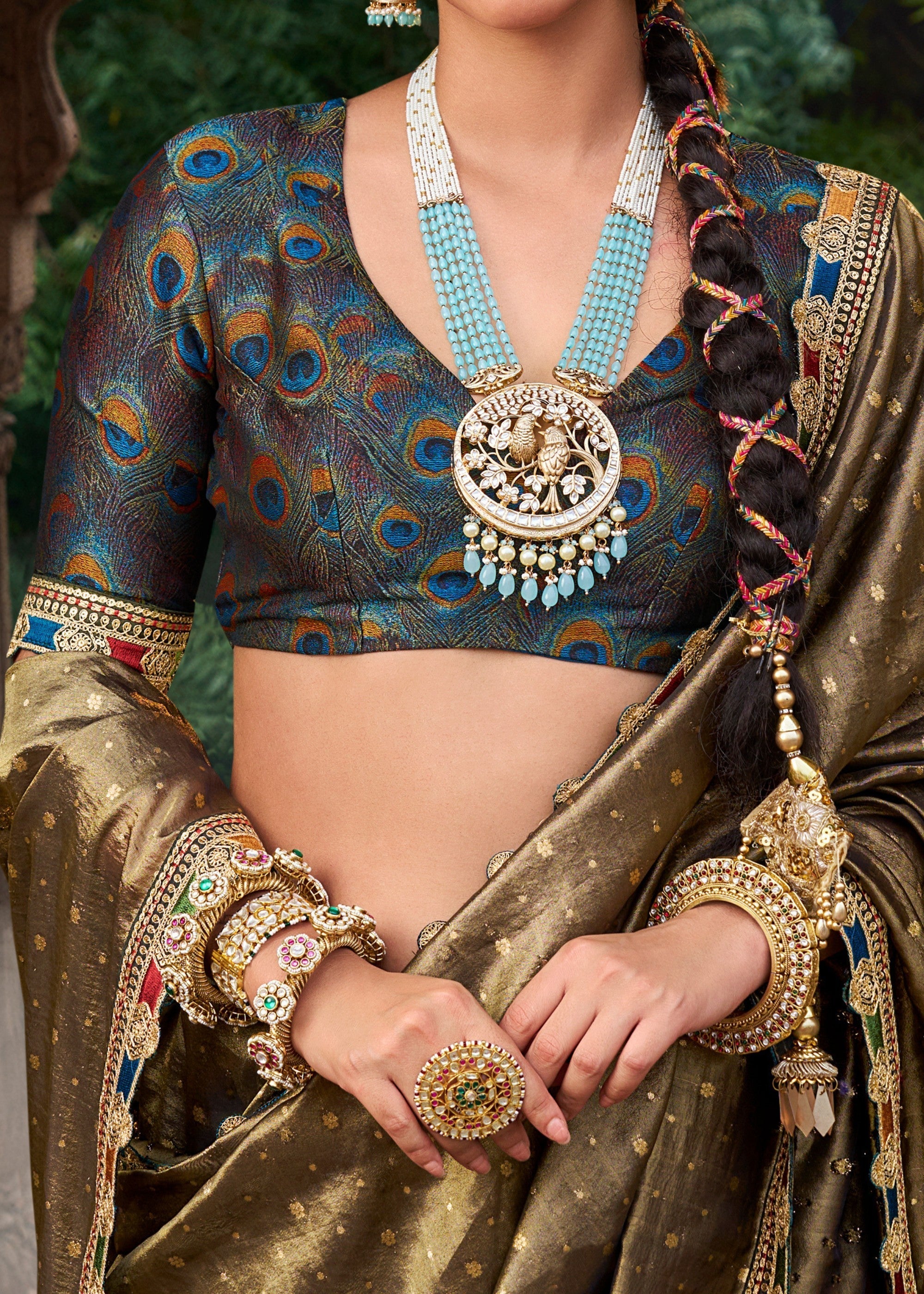 Army Green Tissue Silk Saree With Multicolored Lace & Designer Blouse - qivii