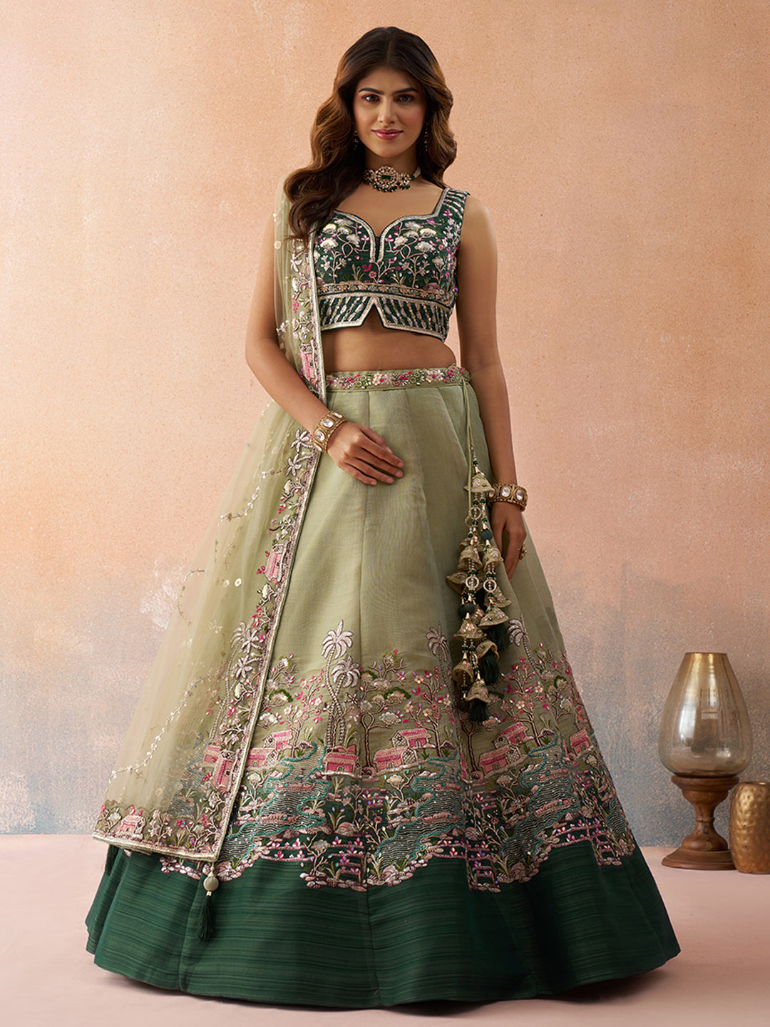 Ombre Green and Lime green Net Sequins Embroidered Semi-Stitched Lehenga Set