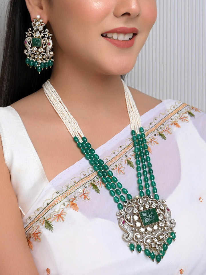 Darika Green Kundan Polki Long Necklace Set