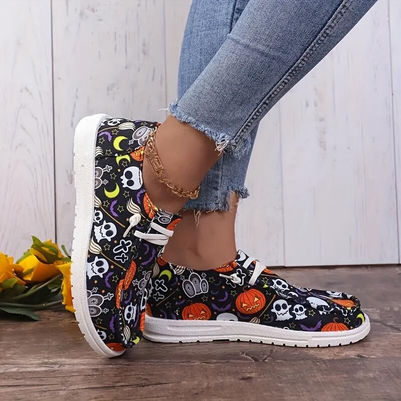 Women‘s Spooky Chic Canvas Sneakers - Halloween Pumpkin Skeleton Print Casual Shoes- US(5-9)