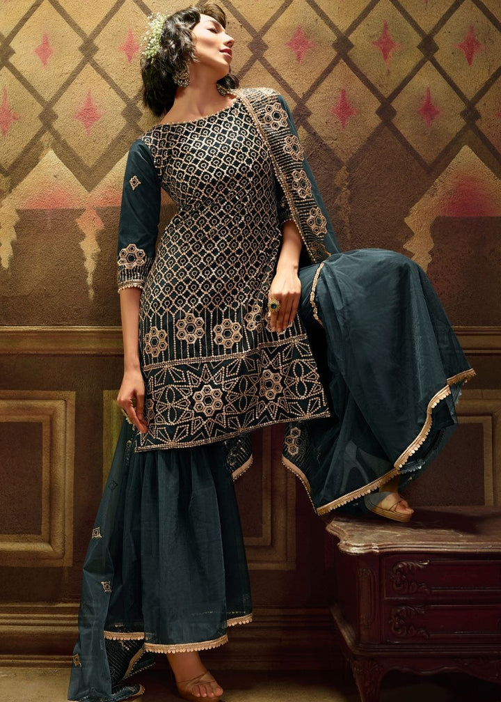 Rama Green Designer Soft Net Sharara Suit with overall Sequins work By Qivii