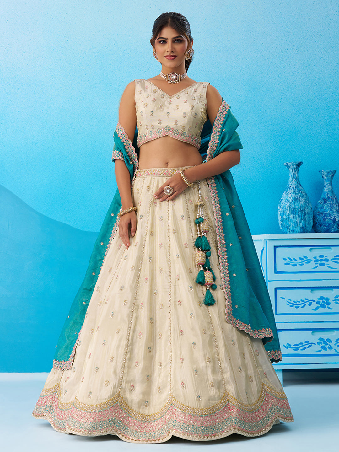 Teal Tissue Sequins Embroidered Semi-Stitched Lehenga Set