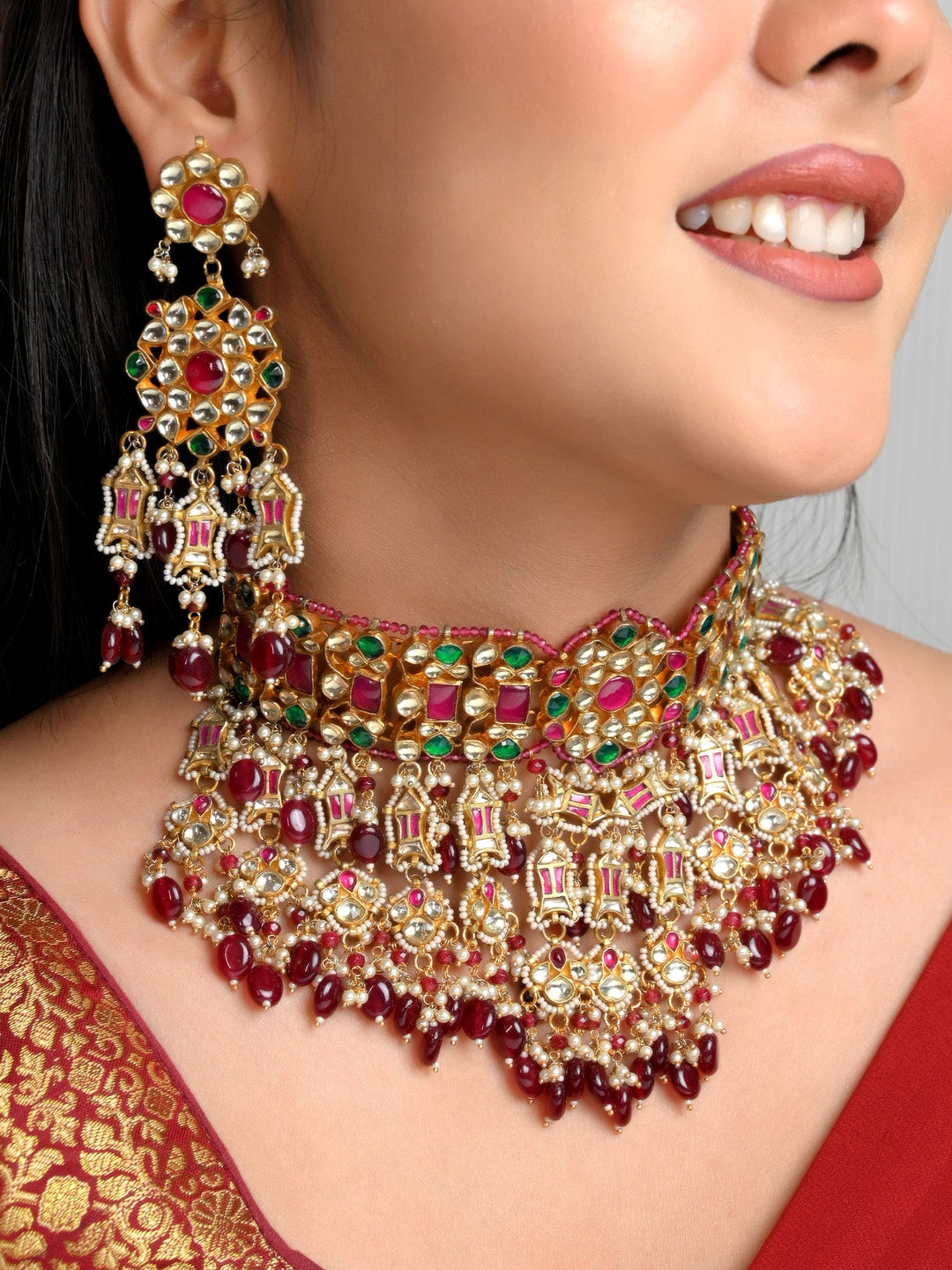 Saksham Maroon & Green Kundan Choker Set