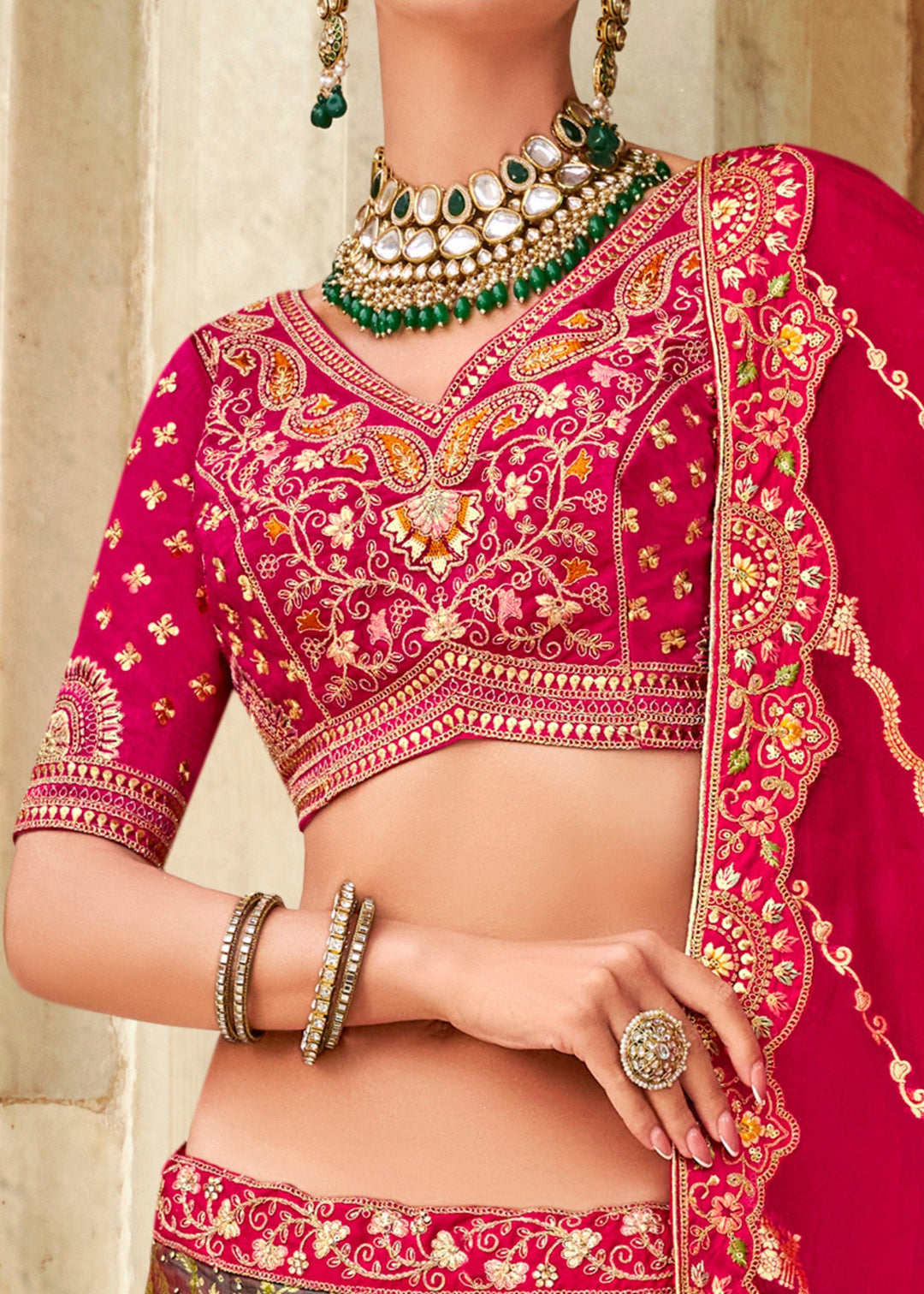 Raspberry Pink Banarasi Silk Lehenga Choli with Zarkan, Sequence and Thread Work