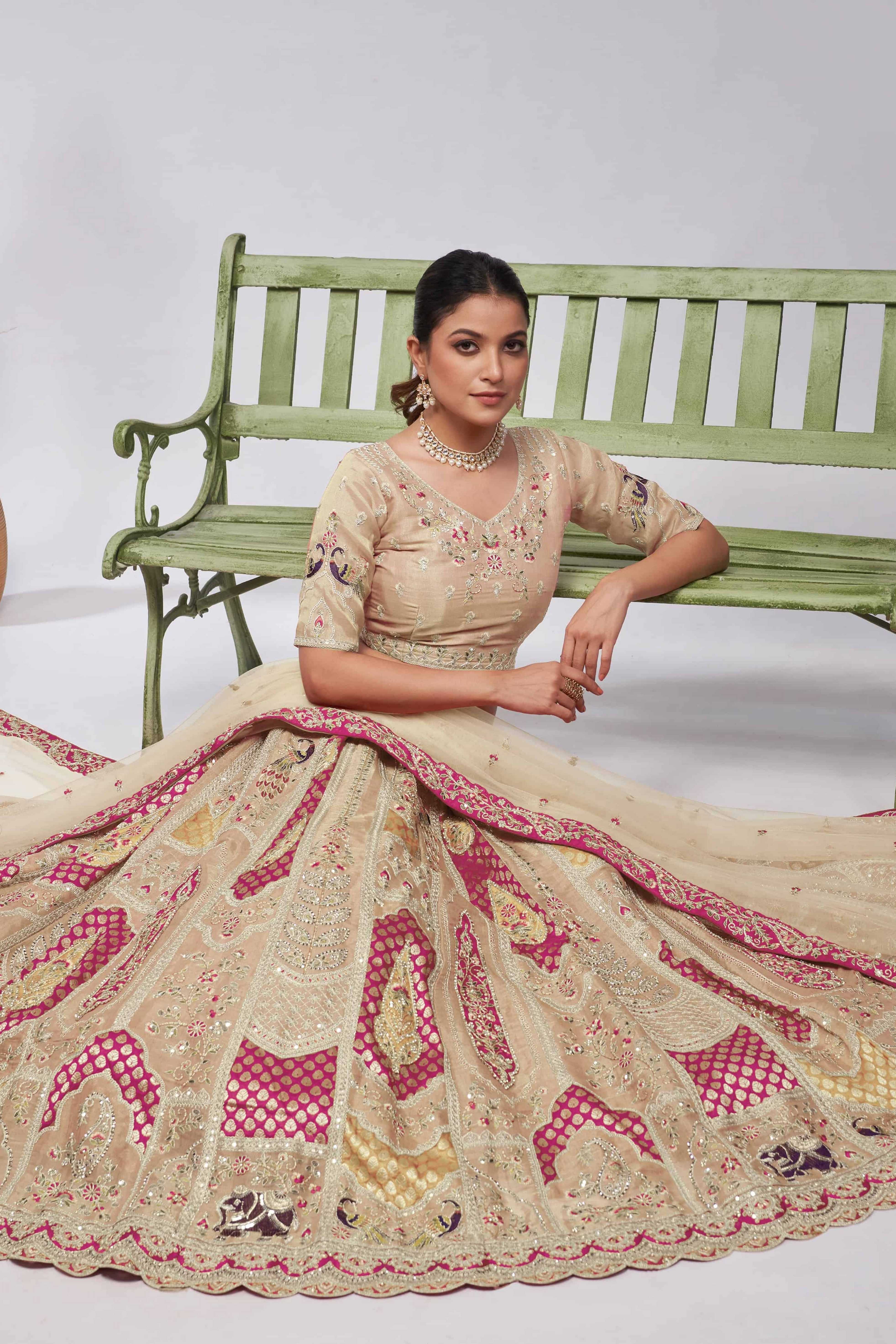 Bright Cream Bridal Lehenga Choli Set with Paisley & Peacock Embroidery - qivii