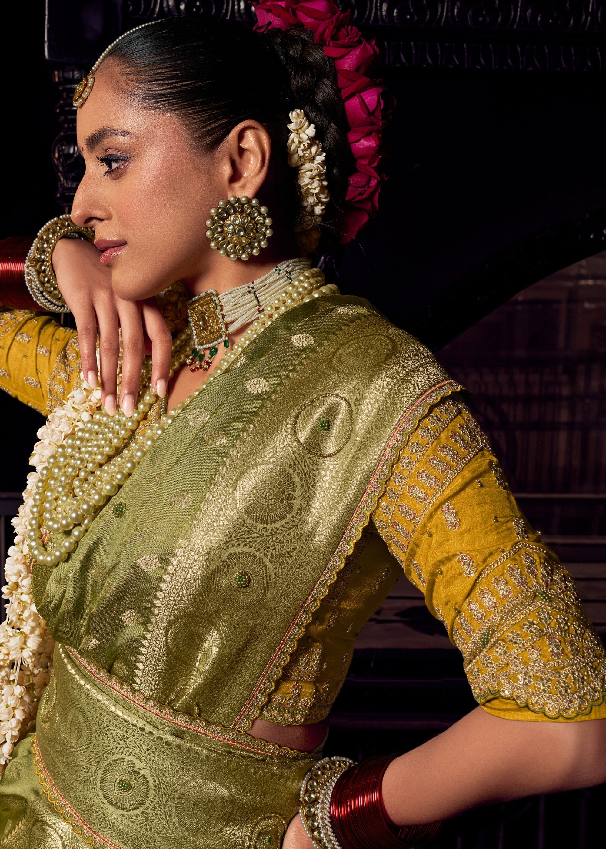 Green Viscose Tissue Silk Saree with Handworked Pallu And Contrast Designer Blouse - qivii