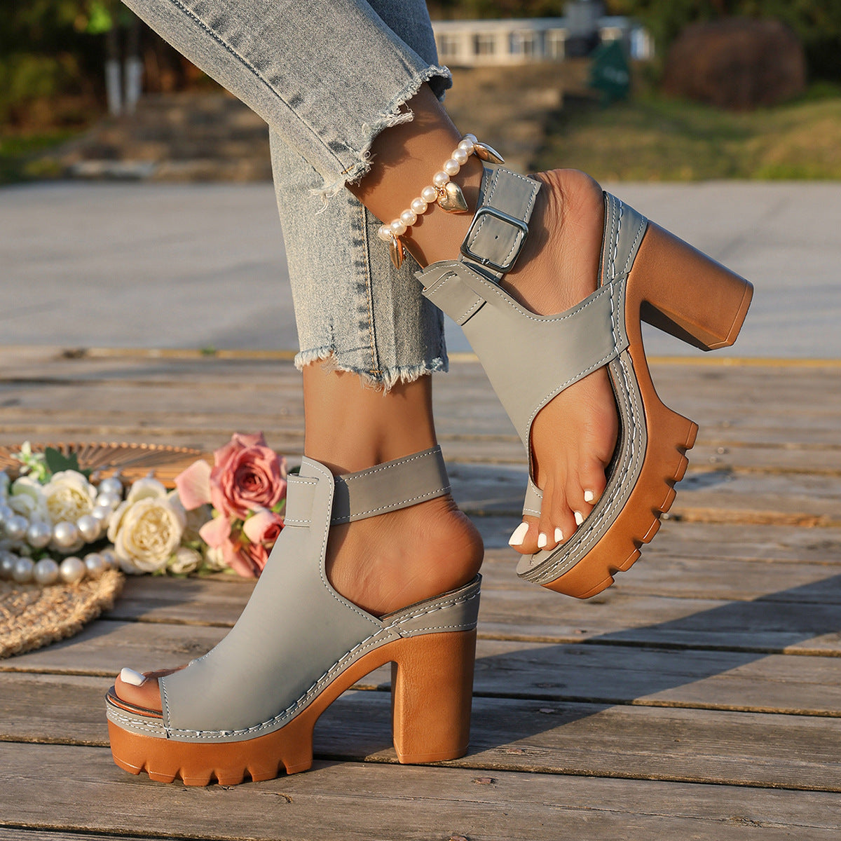 Women's Capri Peep-Toe Toe Ring Platform Chunky Sandals – Buckle Strap Ultra-High Heel Beach Slides (US 5–10.5)