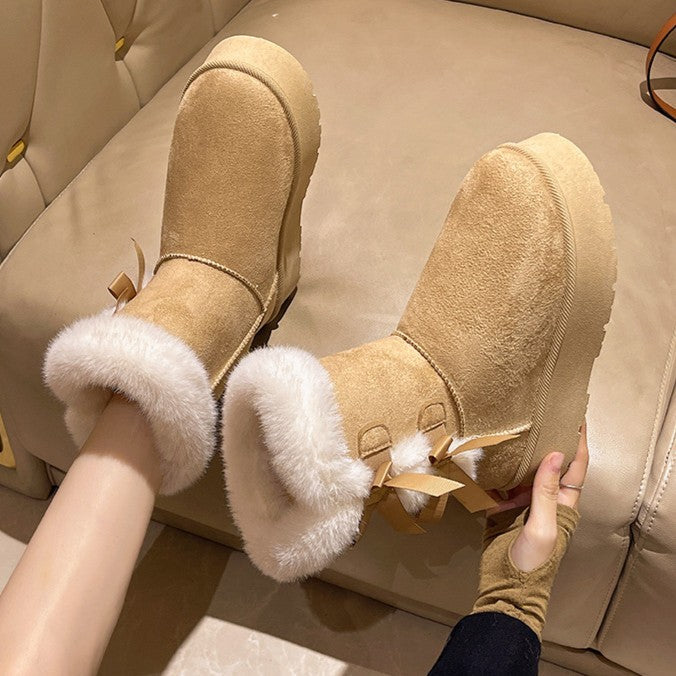 Women's Bow-Knit Cozy Winter Boots - Shearling Lined Chunky Platform Snow Boots (US 5-9.5)