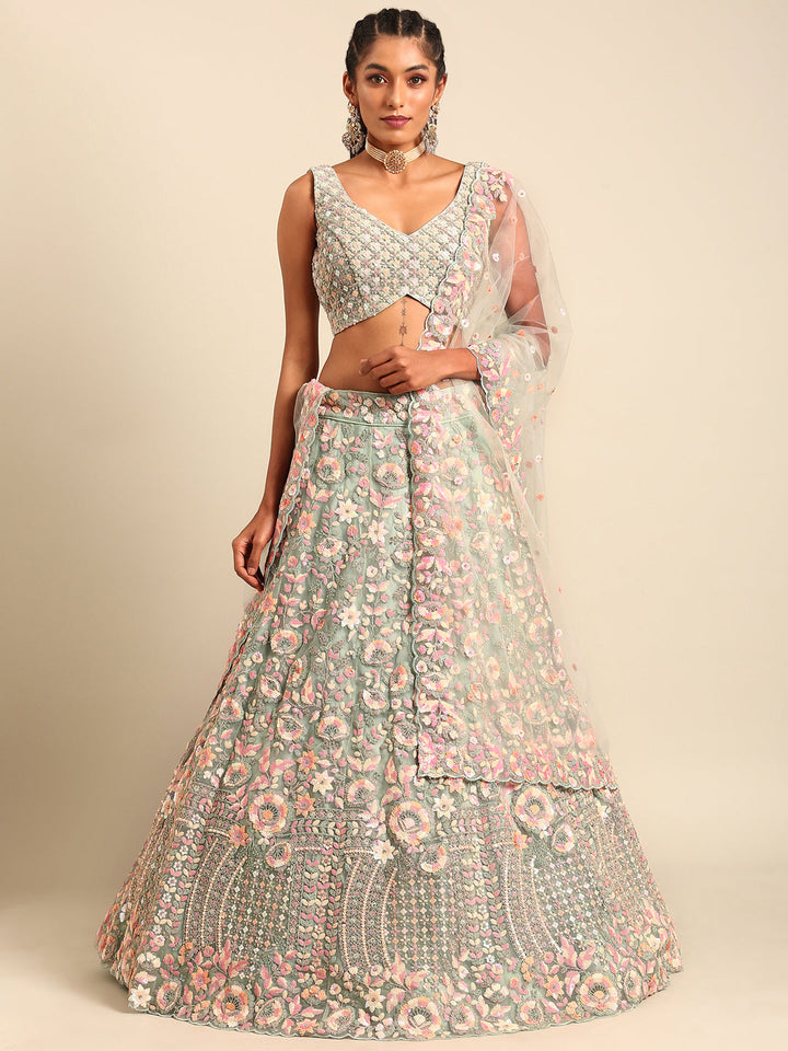 Multi Sequins Embroidered Net Stitched Bridal Lehenga choli