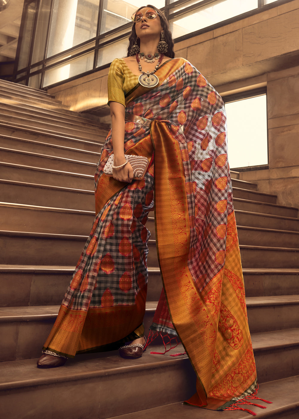 Black And Red Woven Banarasi Organza Silk Saree