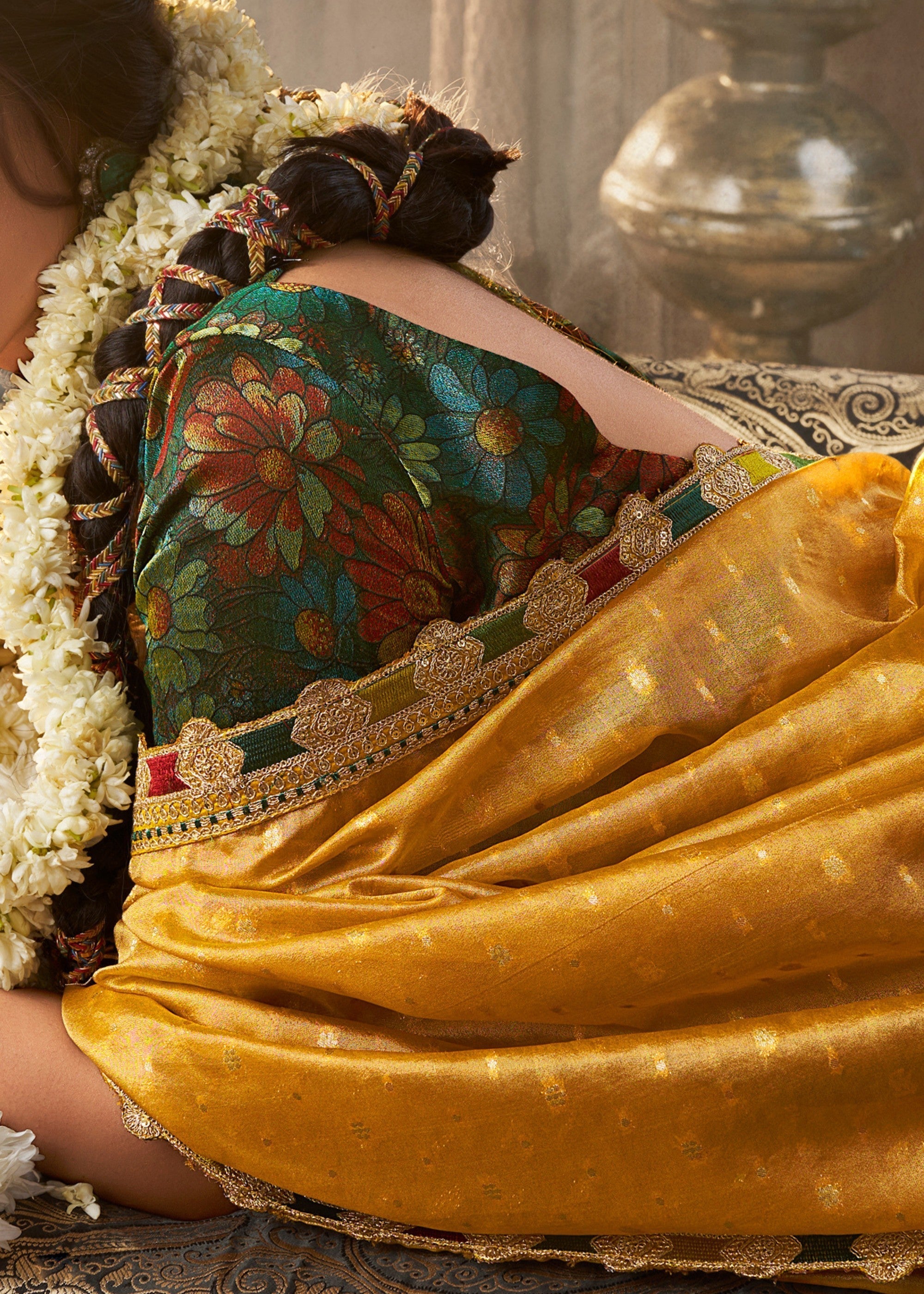 Tuscany Yellow Tissue Silk Saree With Multicolored Lace & Designer Blouse - qivii
