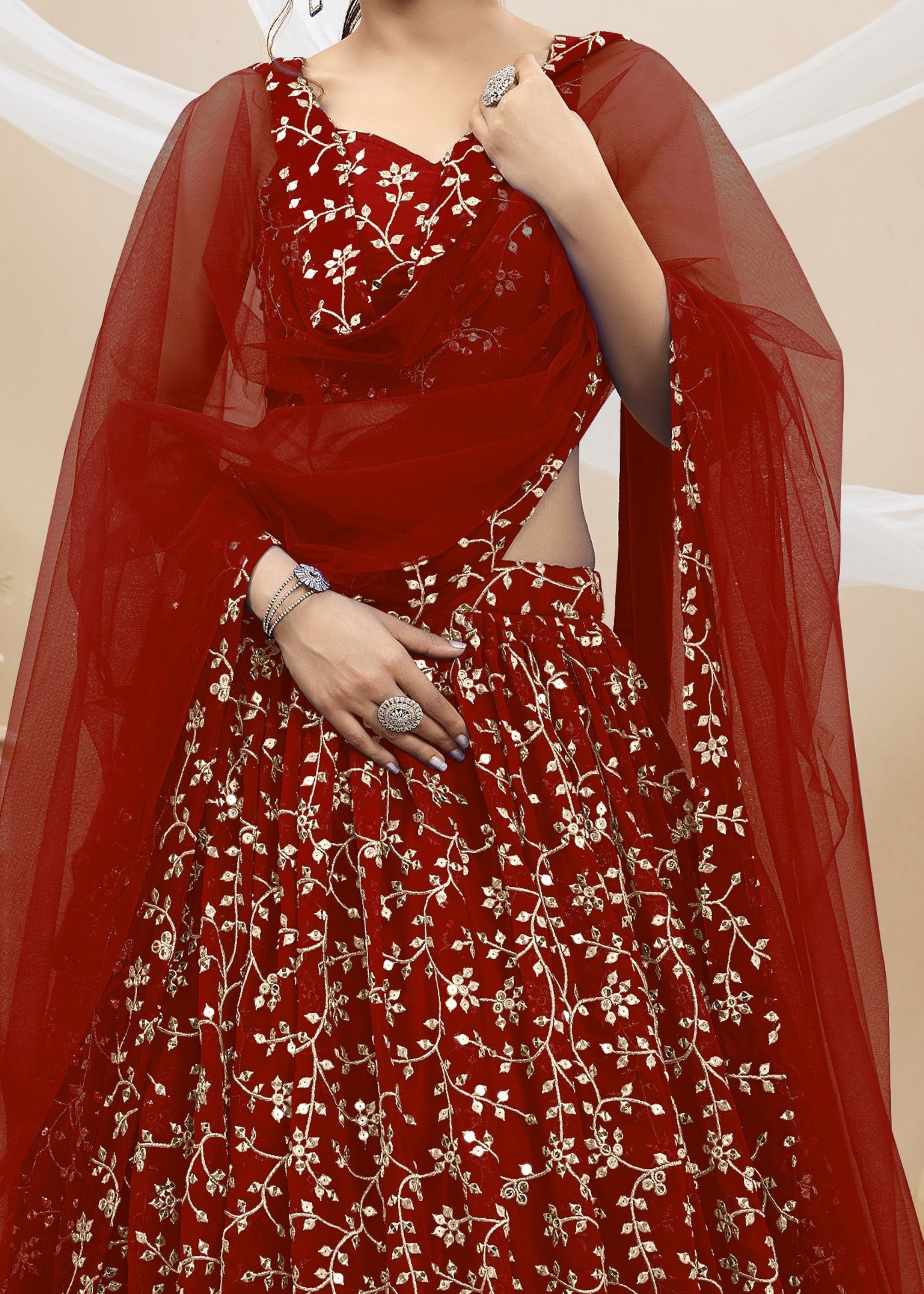 Maroon Red Georgette Lehenga Choli With Sequins Zari Embroidered Work | Ready To Wear - qivii