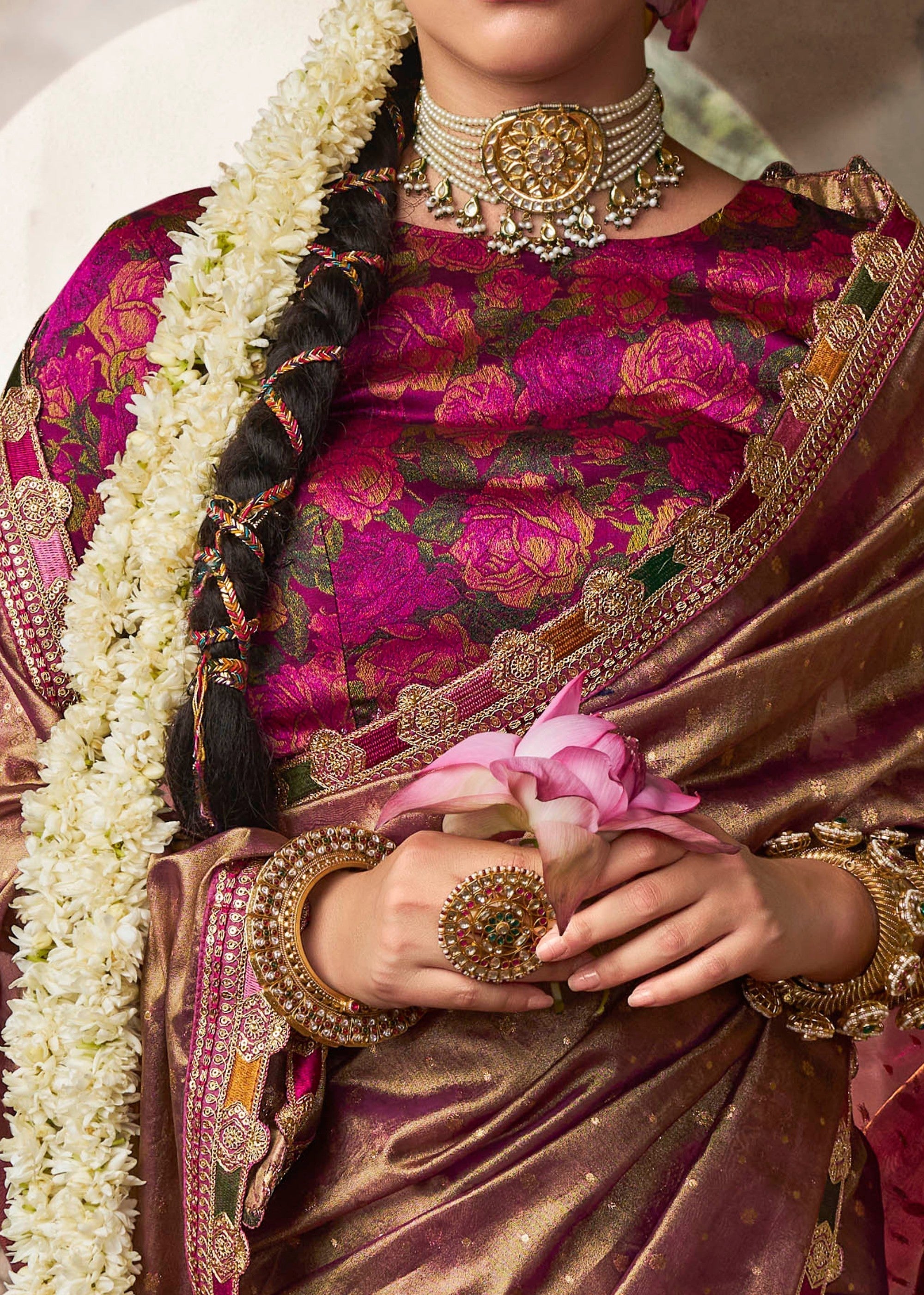 Purpleish Tissue Silk Saree With Multicolored Lace & Designer Blouse - qivii