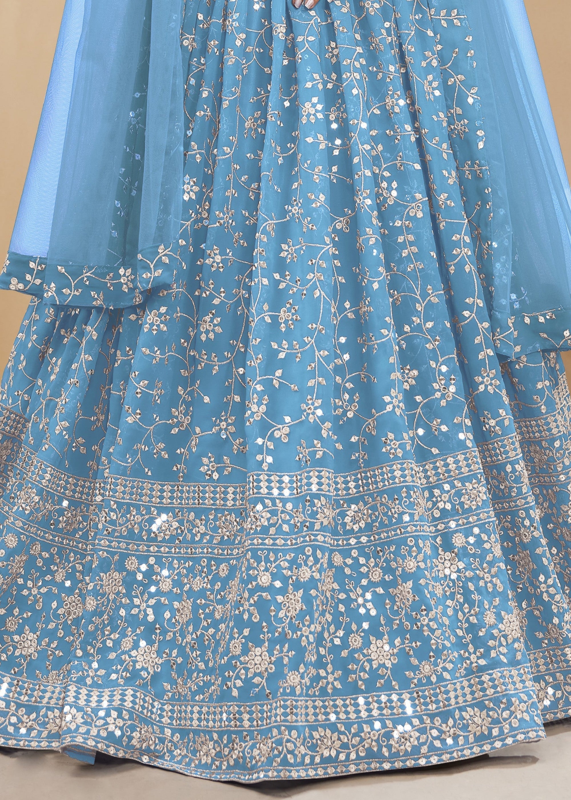 Sky Blue Georgette Lehenga Choli With Sequins Zari Embroidered Work | Ready To Wear - qivii
