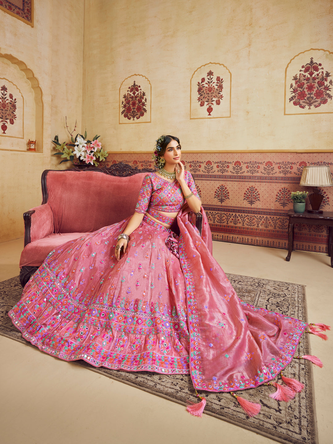 Pink Color Organza Fabric Sequins embroidery Lehenga choli & Dupatta - qivii