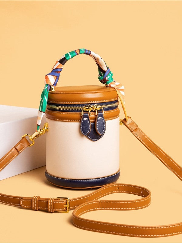 Women's Retro Color-Block Barrel Bag – Mini Cylinder Cosmetic Case with Detachable Silk Scarf & Chain Strap