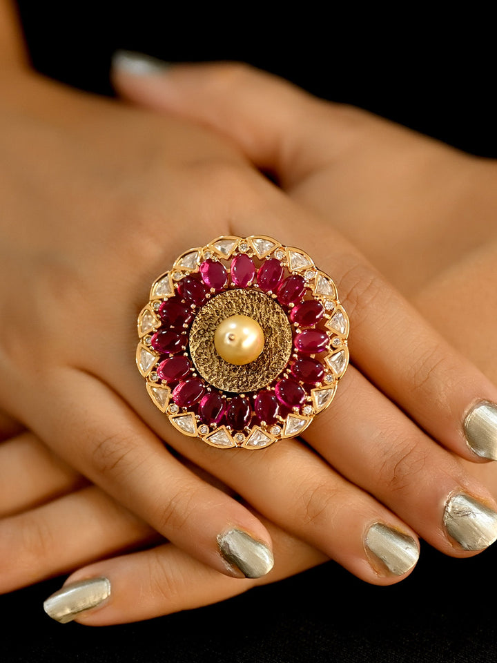 Issra Uncut Kunda Polki Finger Ring in 18k Gold with Diamonds and Pearls