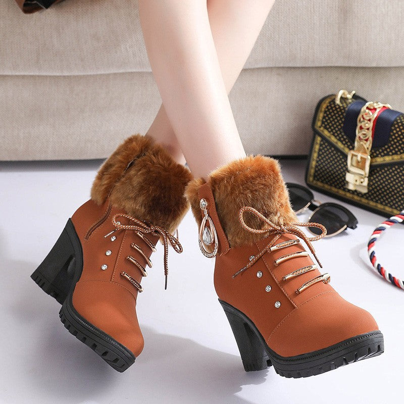 Women's Glam Knit-Cuff Boots - Rhinestone Decor Side Zip Block Heel Dress Boots (US 5-10)