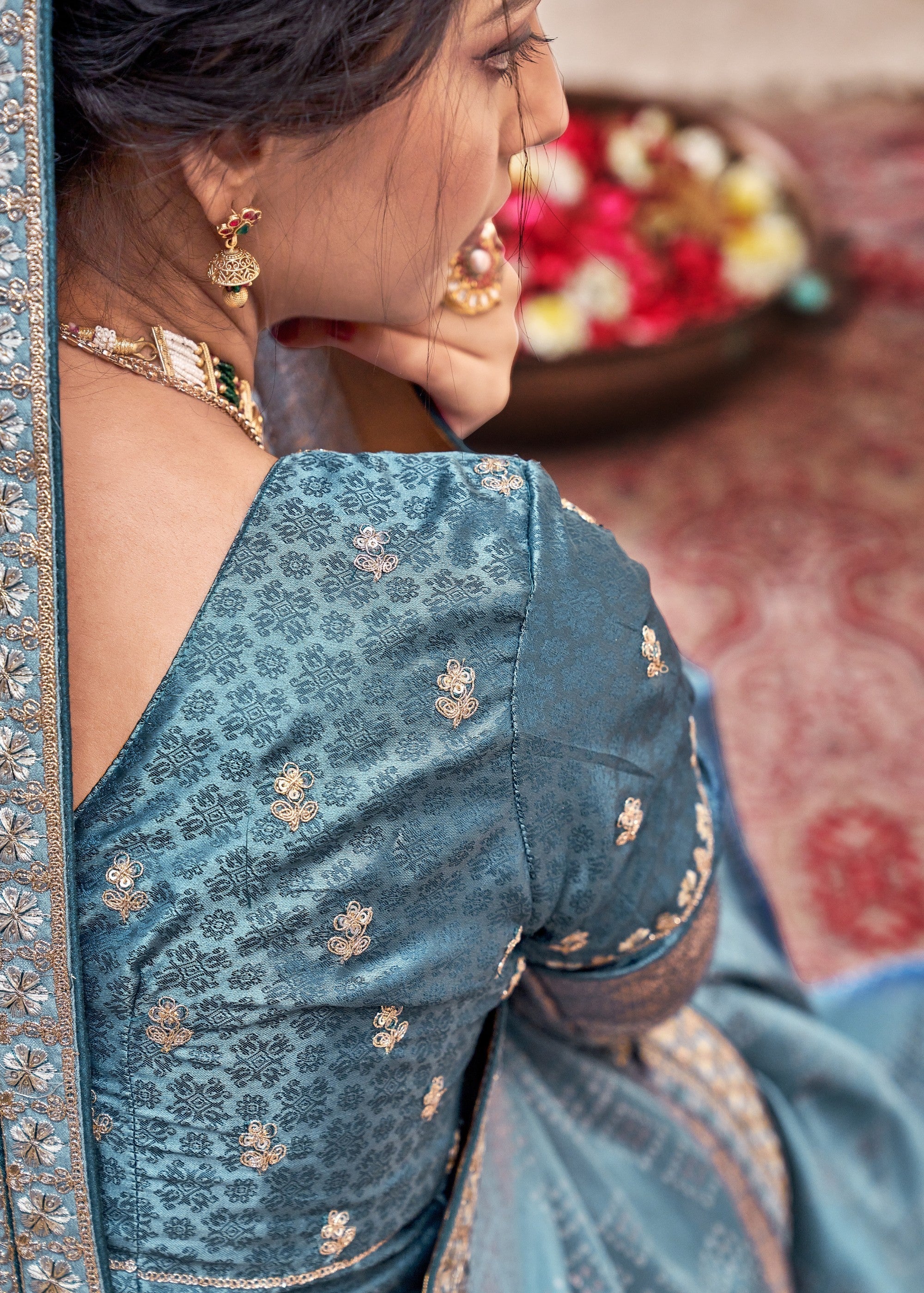 French Blue Satin Silk Saree With Heavy Embroidery Lace & Blouse - qivii