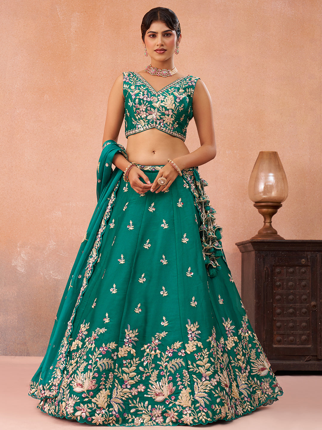 Green Tissue Sequined with Zari Embroidered Lehenga Set