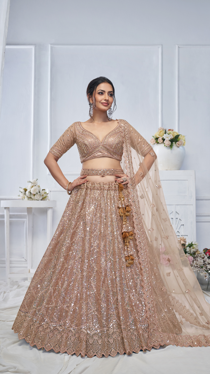 Alluring Brown Sequins Net Bridesmaid Lehenga Choli With Dupatta