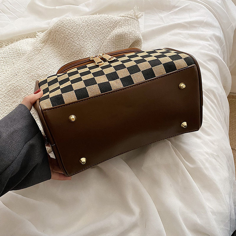 Women's Large Checkered Makeup Organizer – Oversized Travel Toiletry Bag with Zippered Pockets & Detachable Strap | Waterproof Patchwork Cosmetic Case