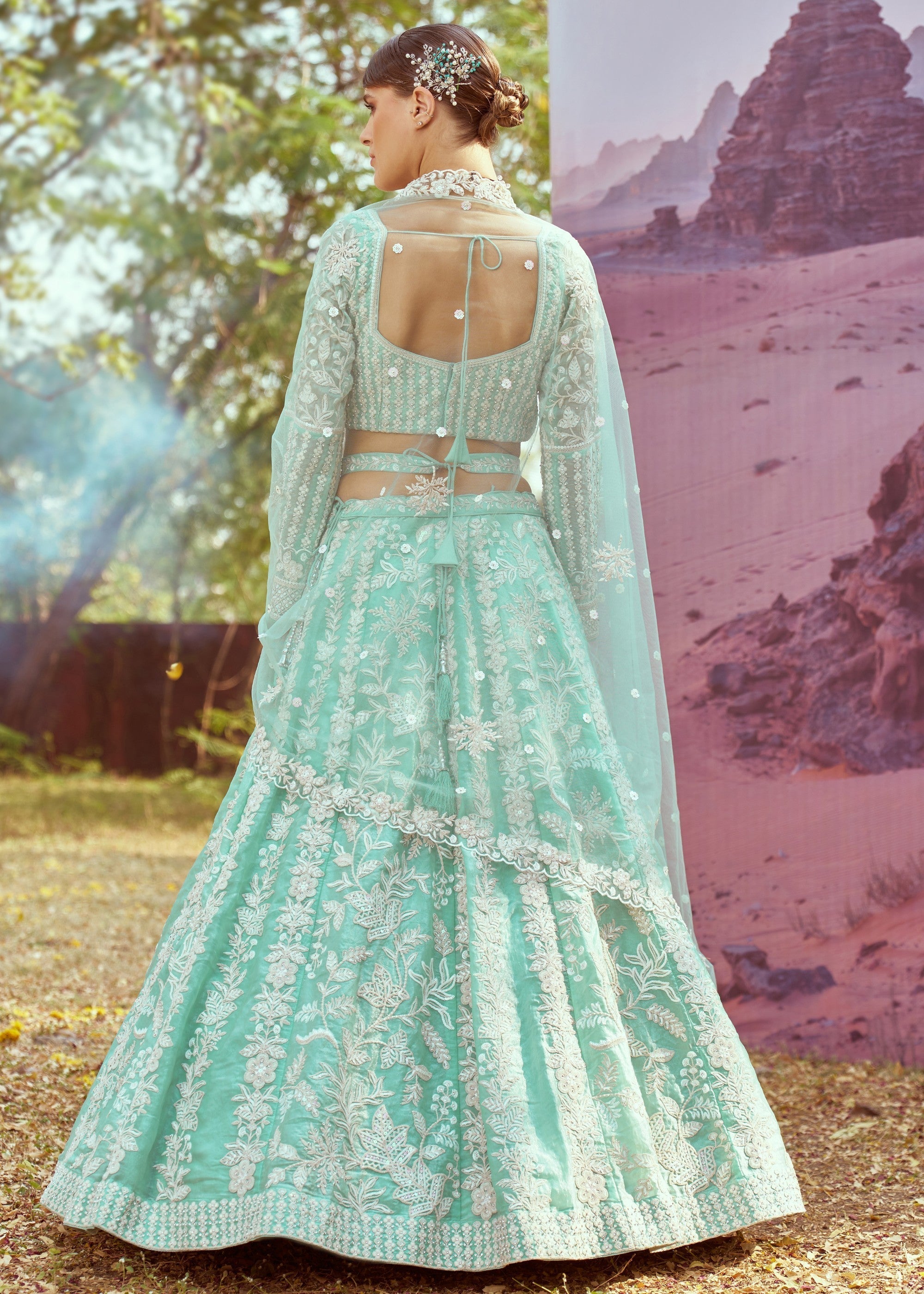 Sea green Organza Sequins embroidery Lehenga | Ready To Wear - qivii