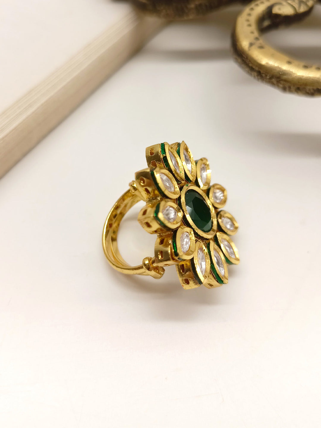 Beautiful Jaspinder Green Kundan Finger Ring, handcrafted with intricate details