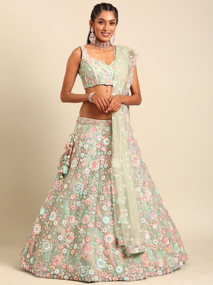 Rounded Embroiderey Multi-Sequins, Mirror and thread Embroidered Net Stitched Lehenga