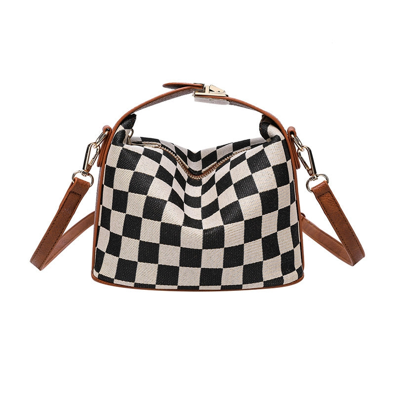 Ounamei Checkered Canvas Handbag with Leather Trim | Top Handle Shoulder & Crossbody Mini Box Bag
