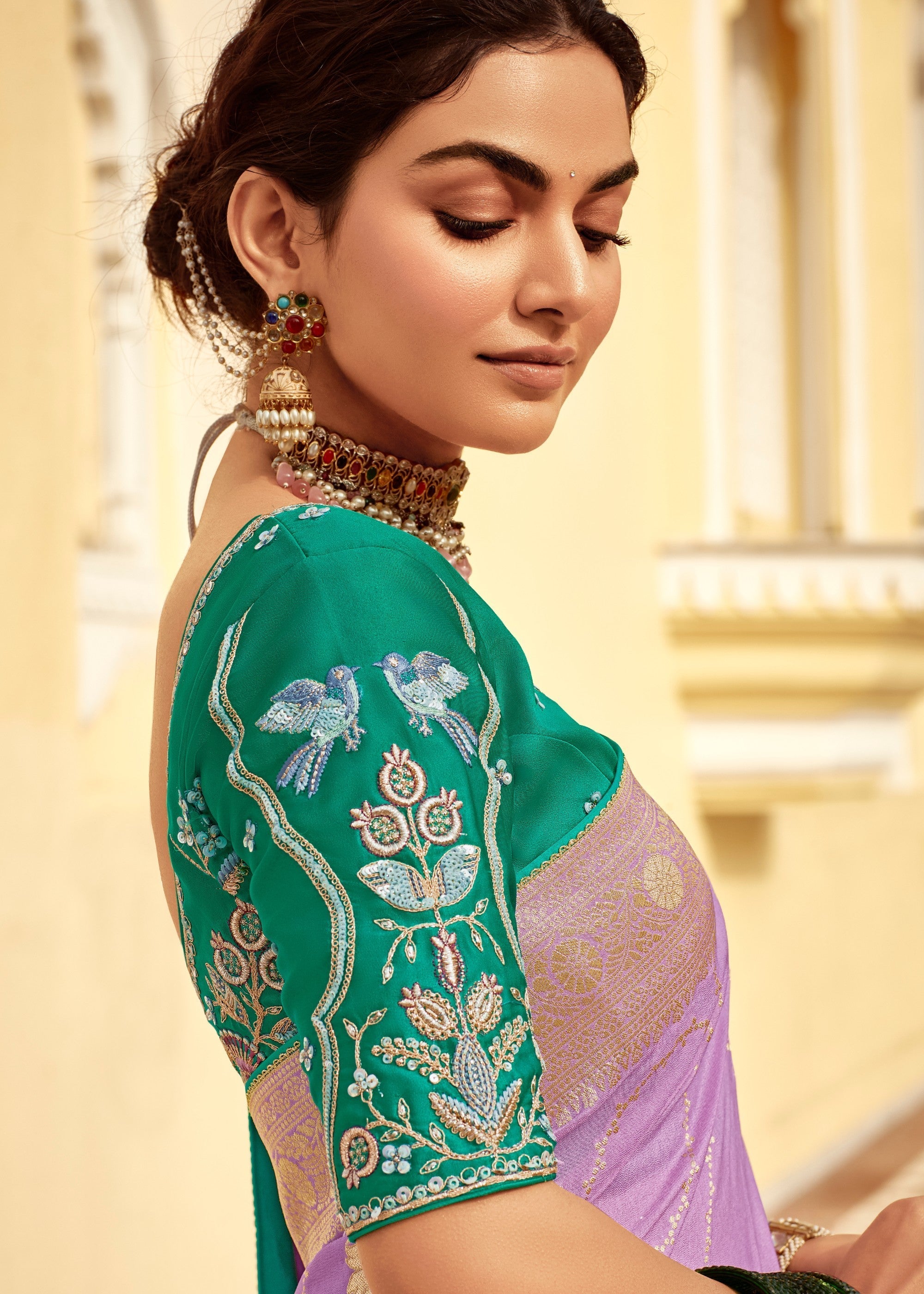 Lavender Purple Dola Silk Saree Embellished With Weaving Work And Heavy Embroidered Blouse - qivii