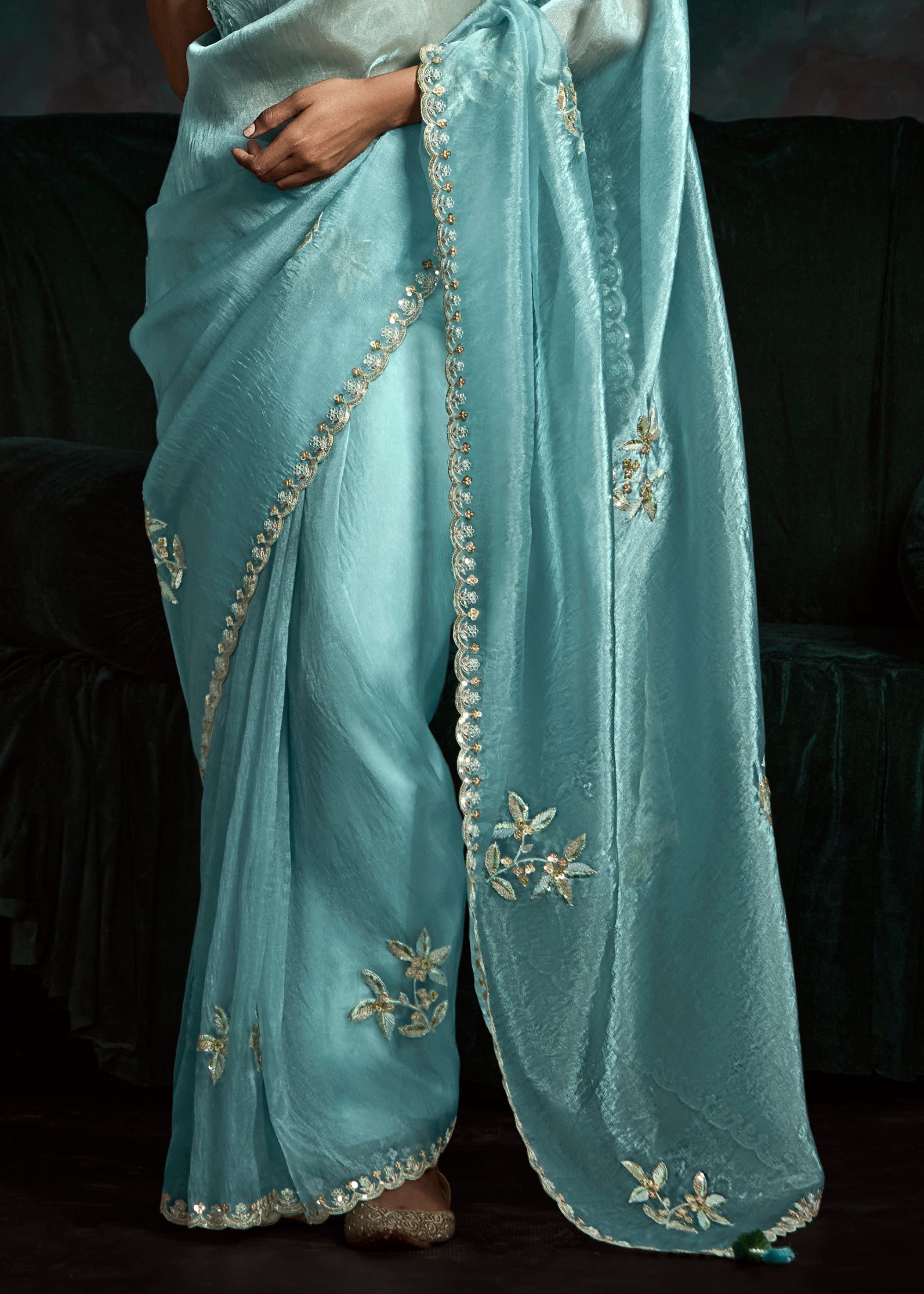 Aqua Blue Fancy Fabric Silk Saree With Sequins And Thread Embroidered Butti Work - qivii