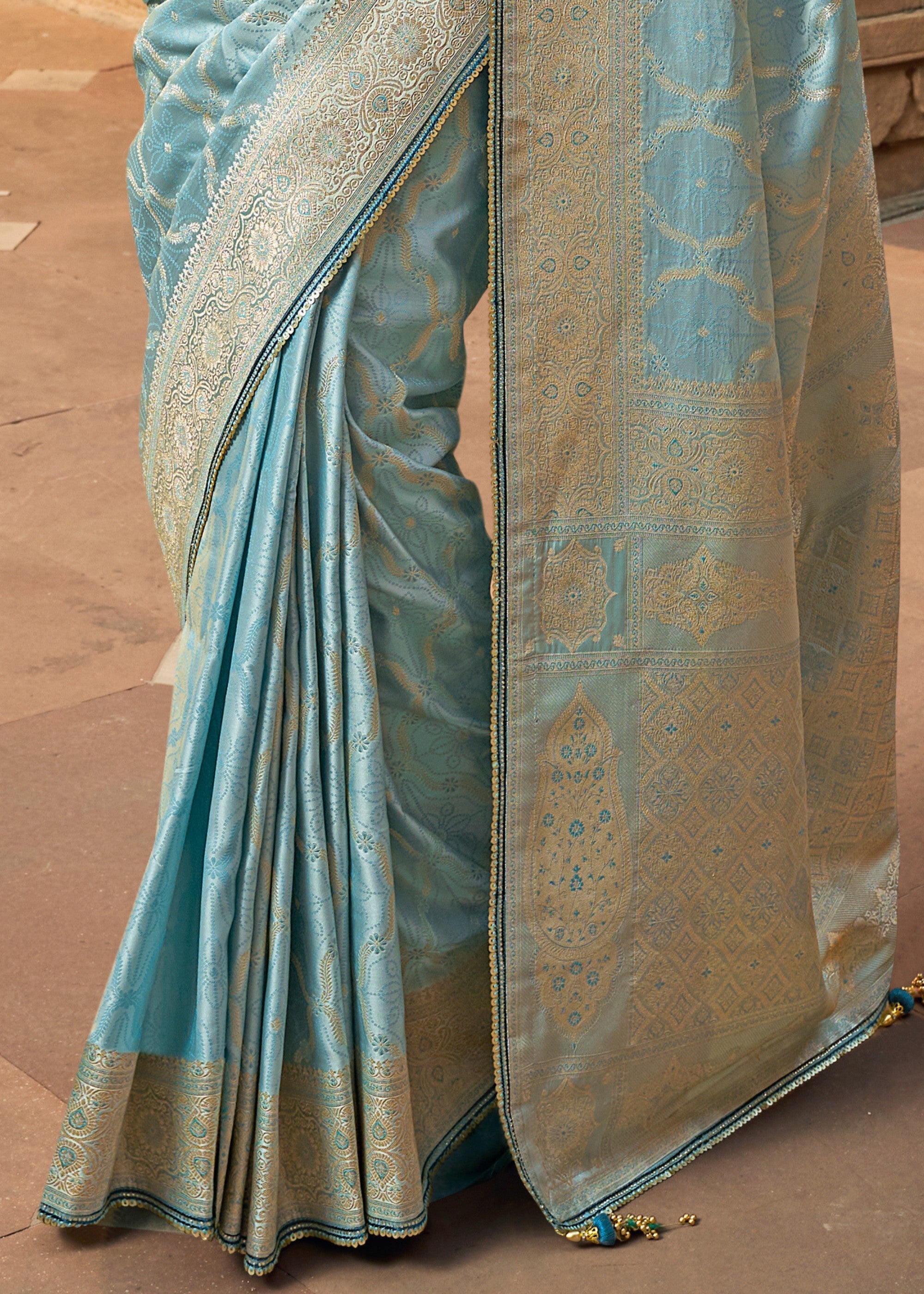 Sky Blue Satin Silk Saree With Beautiful Lace Border And Heavy Designer Embroidered Blouse - qivii