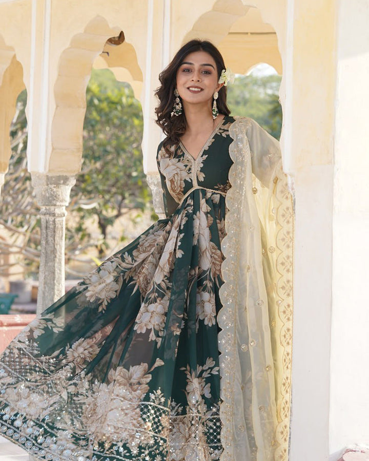 Designer Wedding Wear Printed Olive Green Color Gown With Dupatta  - By Qivii