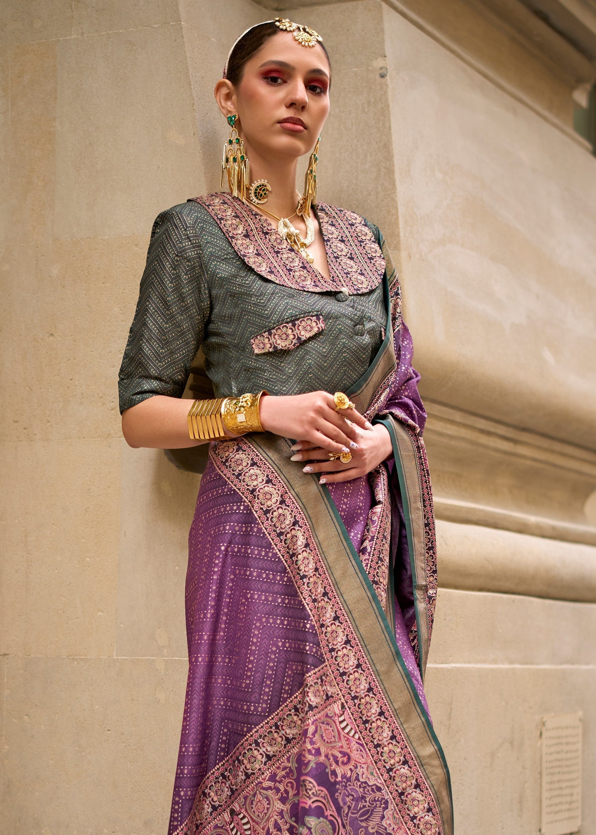 Purple Poly Viscose Silk Saree With Foil Print - qivii