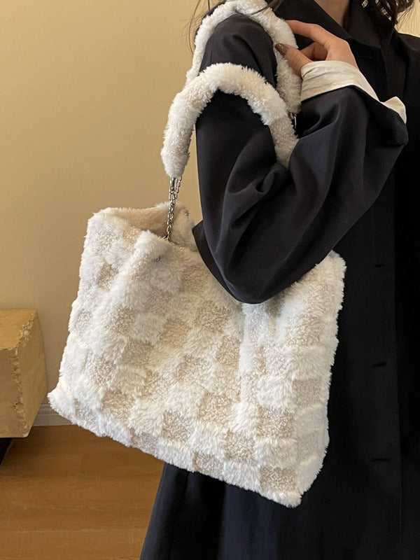 Women's Large-Capacity Plush Handbag | Trendy Quilted Chain Shoulder Bag with Patchwork Design