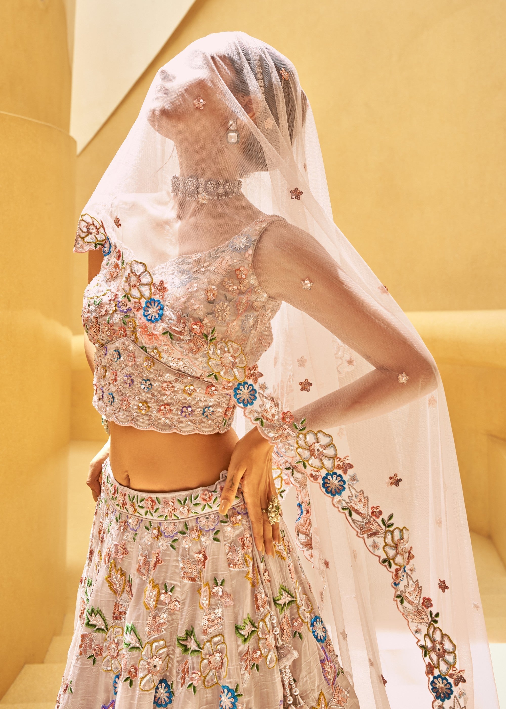 Rose Gold Organza Fabric Sequins Work Lehenga | Ready To Wear - qivii