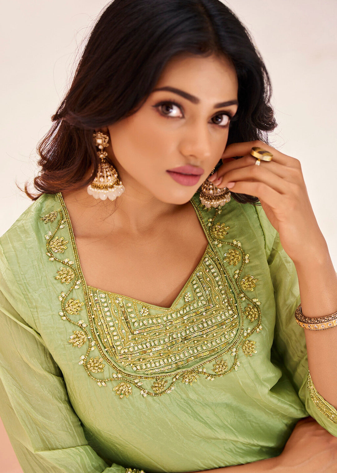 Light-Green Organza Handwork Kurta with Pant