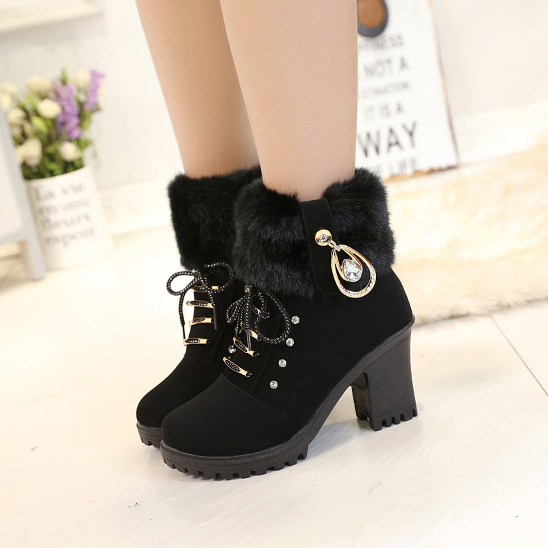 Women's Glam Knit-Cuff Boots - Rhinestone Decor Side Zip Block Heel Dress Boots (US 5-10)